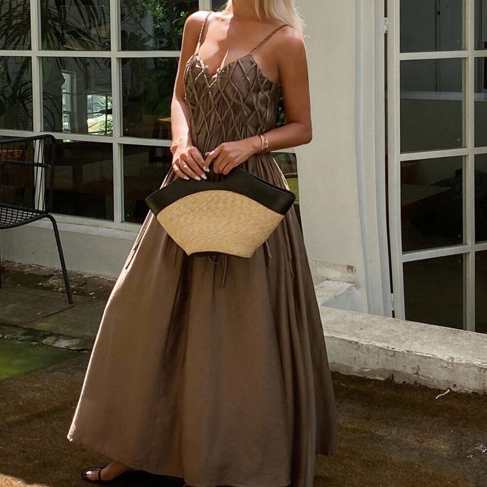 Brown Casual A-Line Women's Cami Maxi Dress with Drawstring Tassel - Picture 6 of 6